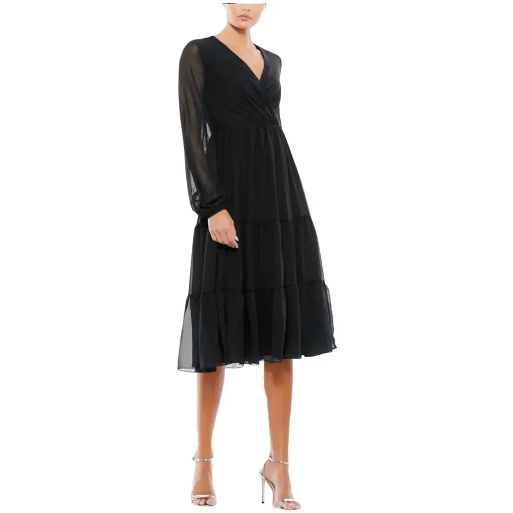 Ieena Mac Duggal Ruched V-Neck Tiered Midi Dress Chiffon Black Sz 14 NWT Chic